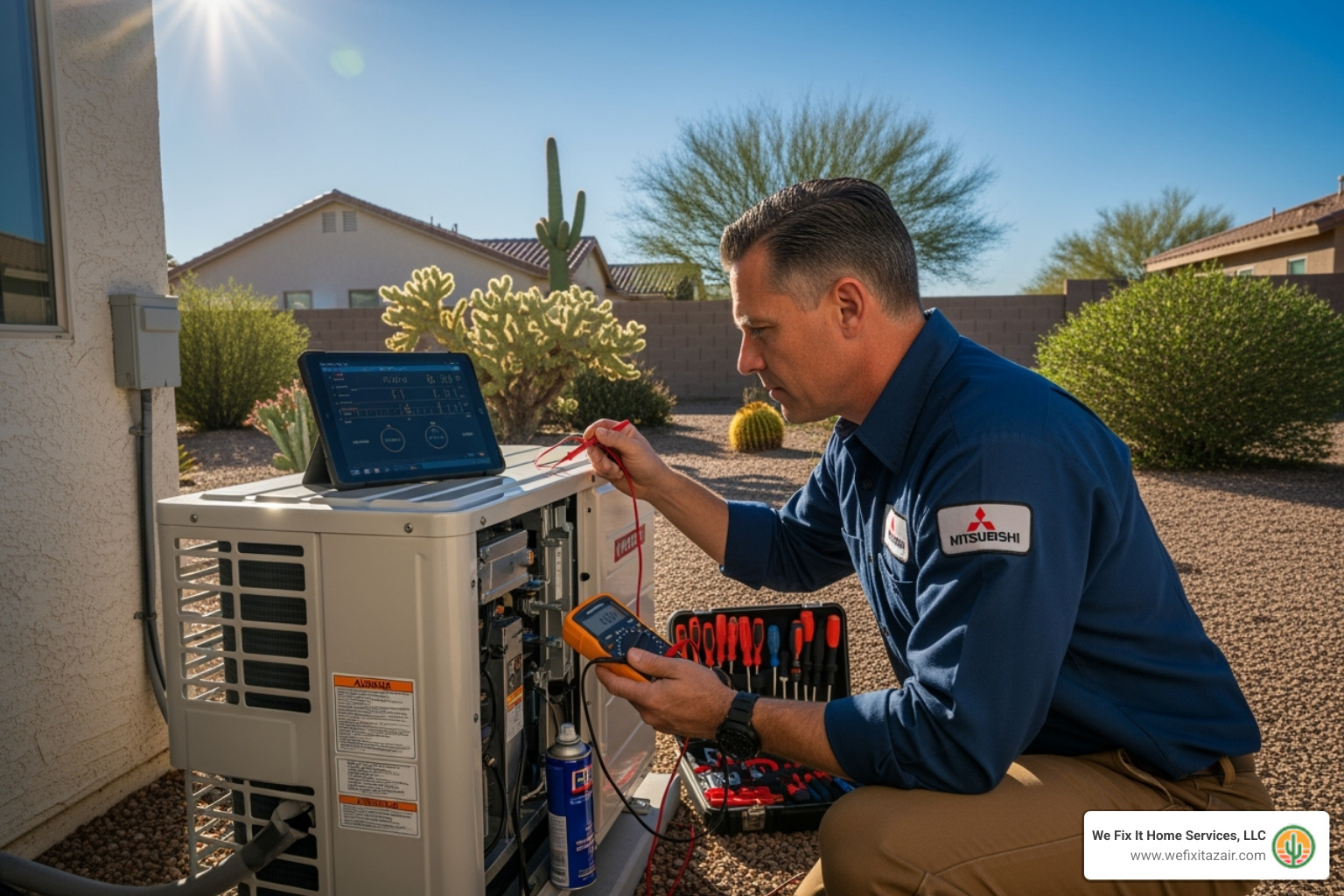 a NATE-certified technician using diagnostic tools on a mini-split outdoor unit - mini‑split ac repair mesa az
