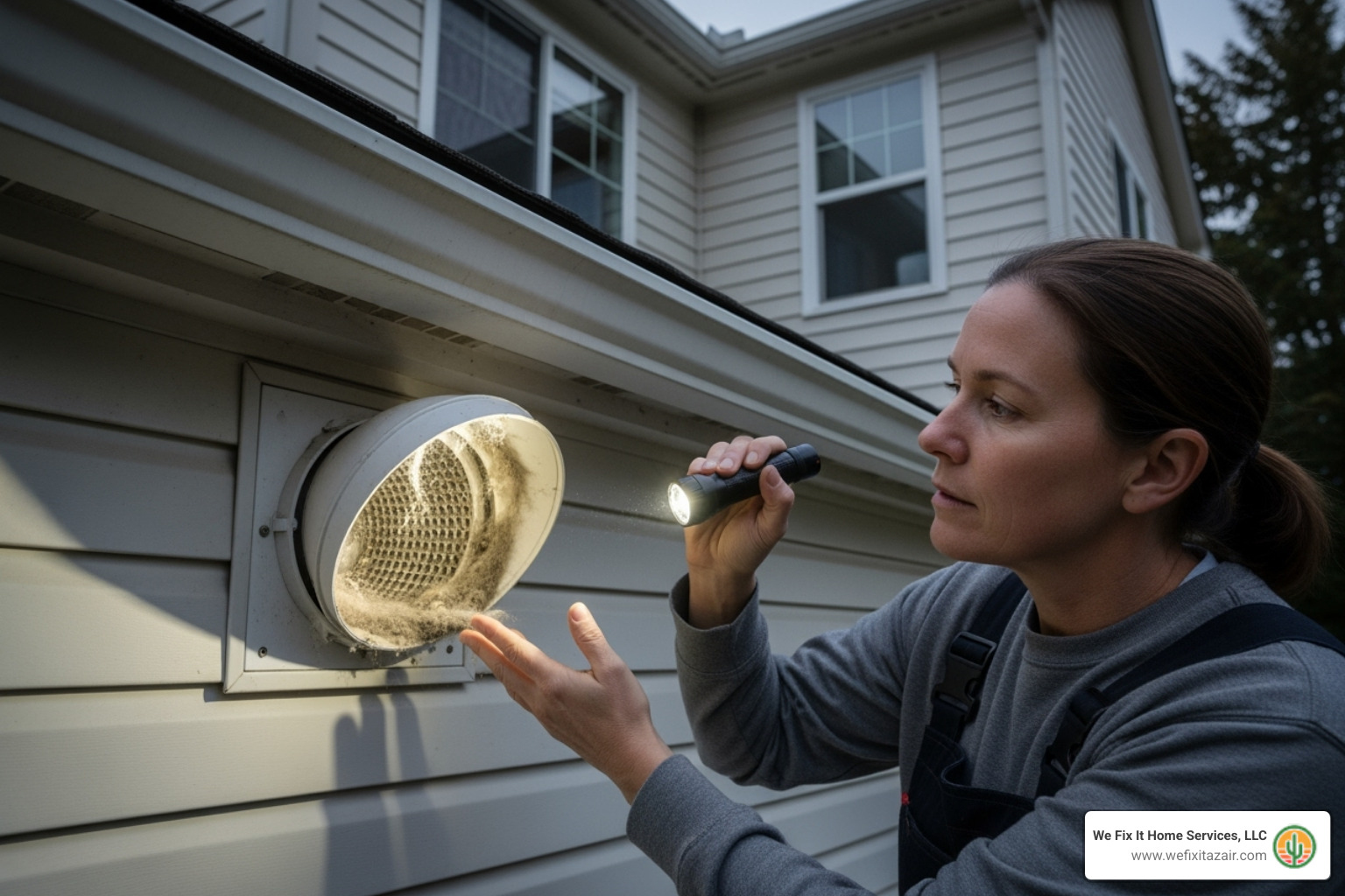 A homeowner checking for lint around the exterior vent cap - dryer vent cleaning service A homeowner checking for lint around the exterior vent cap - dryer vent cleaning service