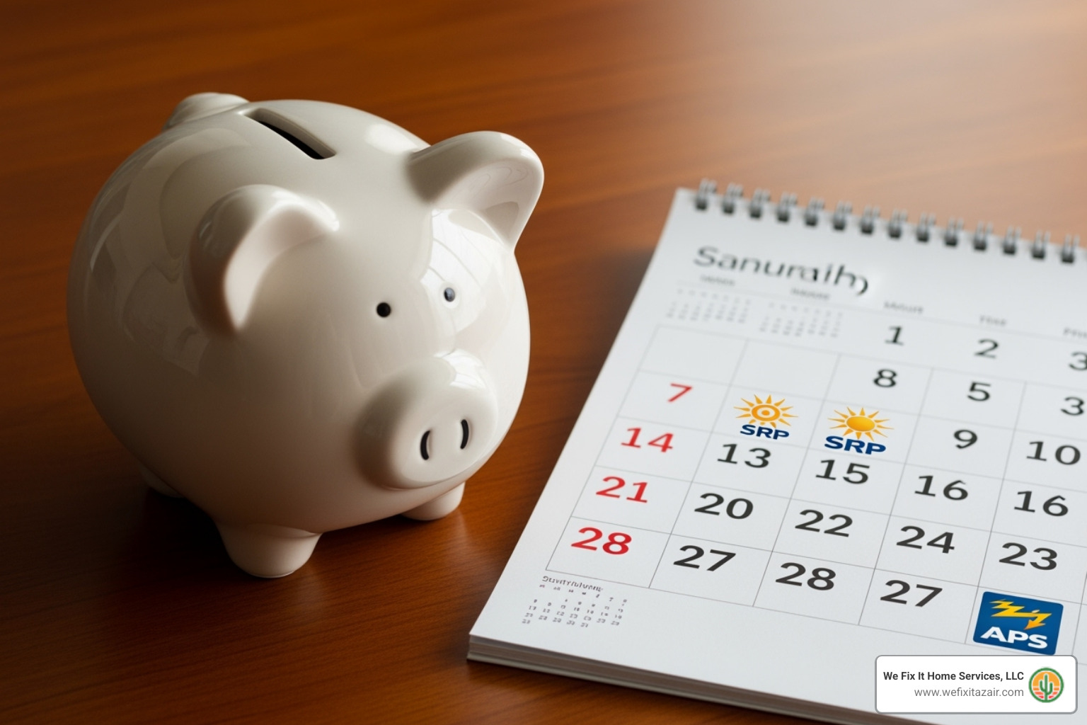 A piggy bank next to a calendar marked with "SRP" and "APS" logos - hvac financing options phoenix az A piggy bank next to a calendar marked with "SRP" and "APS" logos - hvac financing options phoenix az