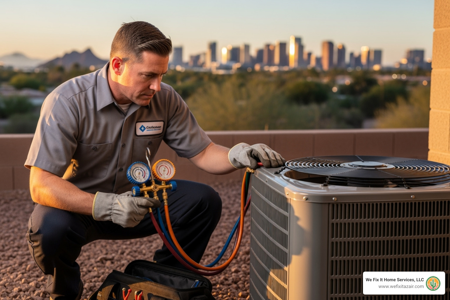 A technician inspecting an outdoor AC unit with a blurred Phoenix skyline in the background, signifying the local context and professional service - annual ac maintenance phoenix az