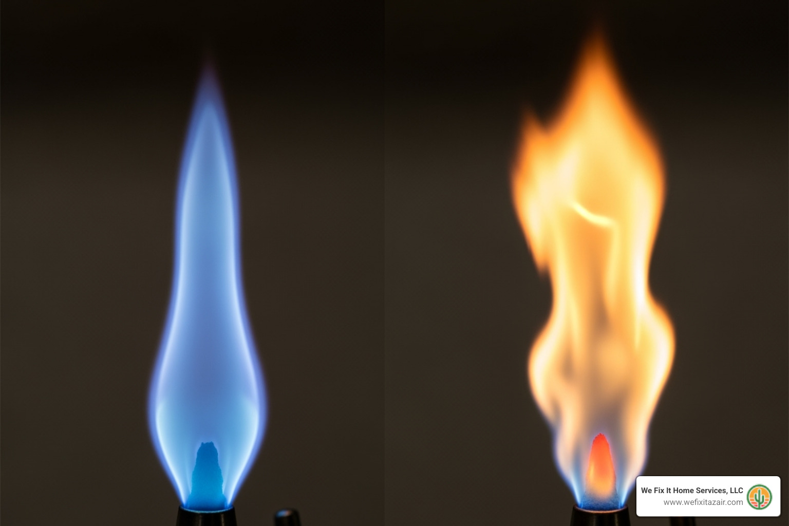 healthy blue flame contrasted with a weak yellow/orange flame - furnace pilot light