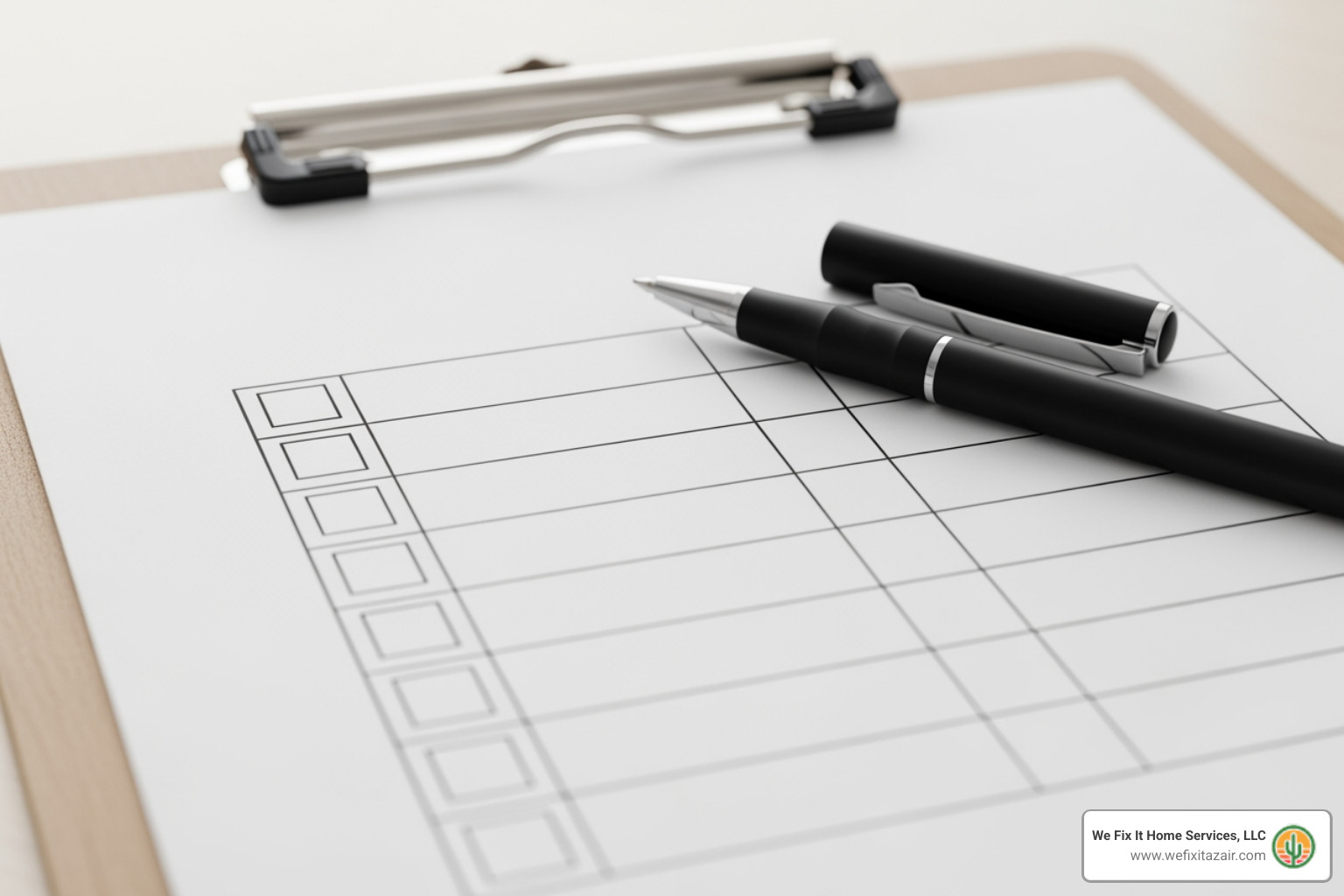 checklist with items like 'Licensed & Insured' and 'NATE Certified' - ac companies mesa az Clipboard with checklist and pens, symbolizing organization and preparation for selecting top-rated AC companies in Mesa, AZ, related to HVAC services.