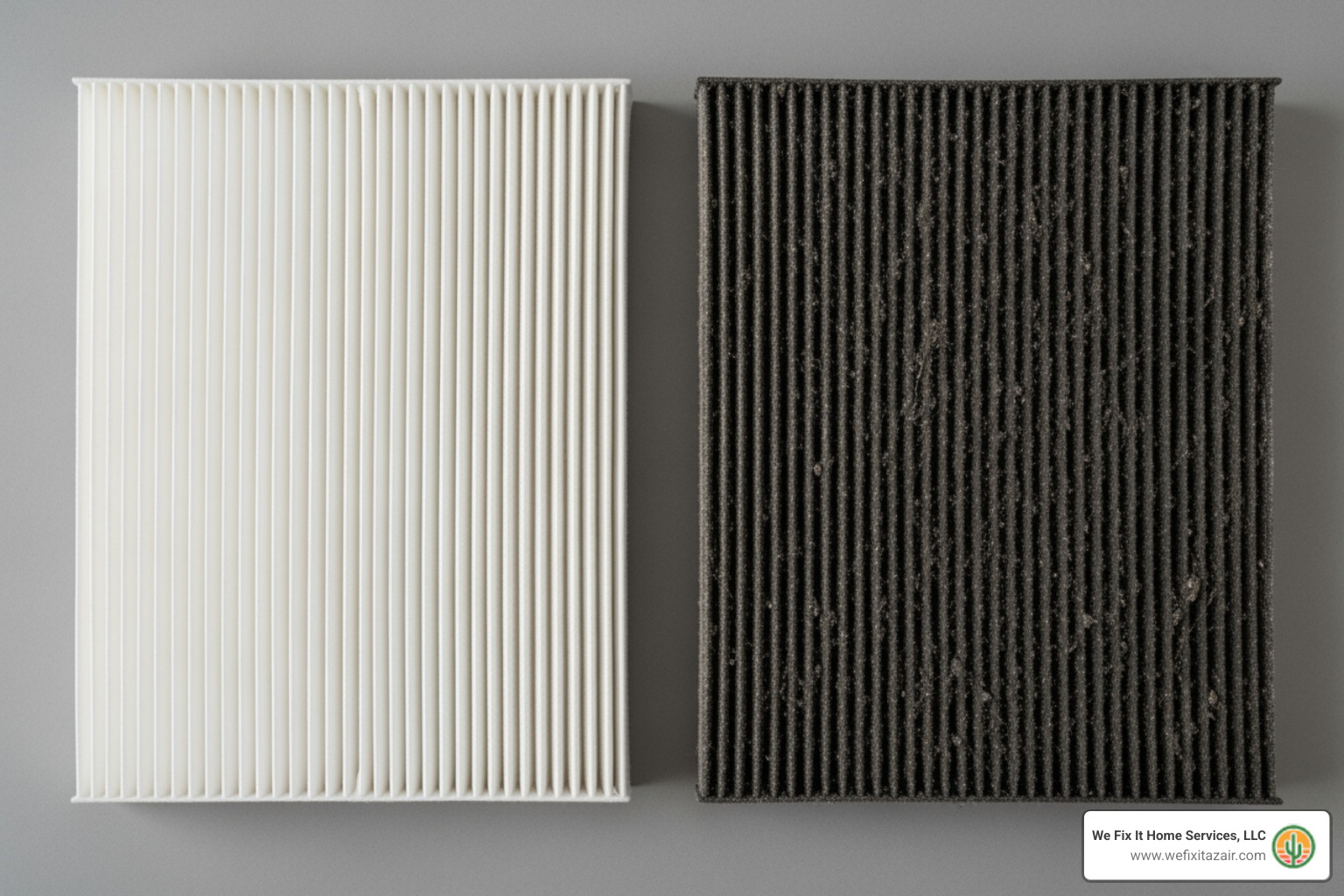 A visual comparison of a clean air filter versus a dirty, clogged air filter, illustrating the impact on airflow and system efficiency - annual ac maintenance phoenix az