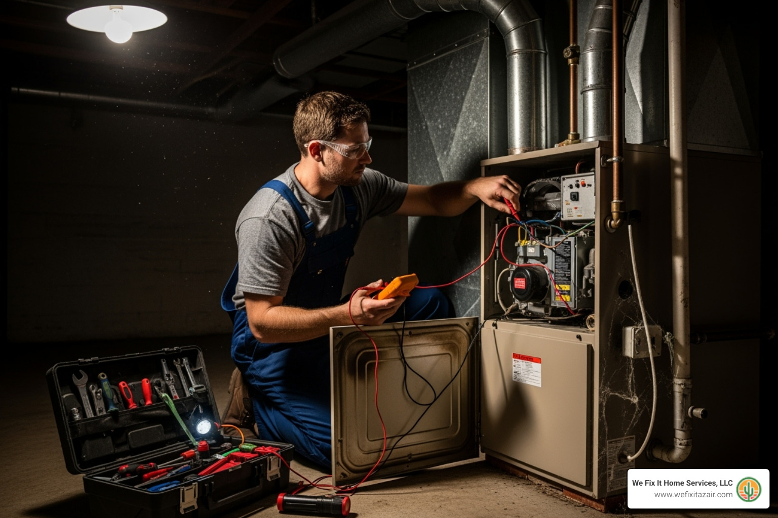 technician performing maintenance on a furnace - air conditioning & heating services