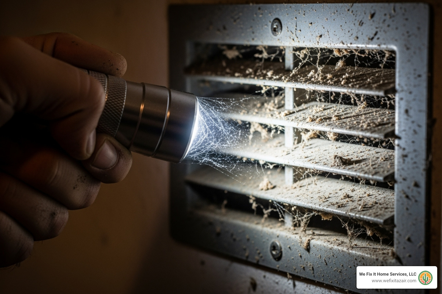 person inspecting a dusty air vent with a flashlight - duct cleaning scottsdale