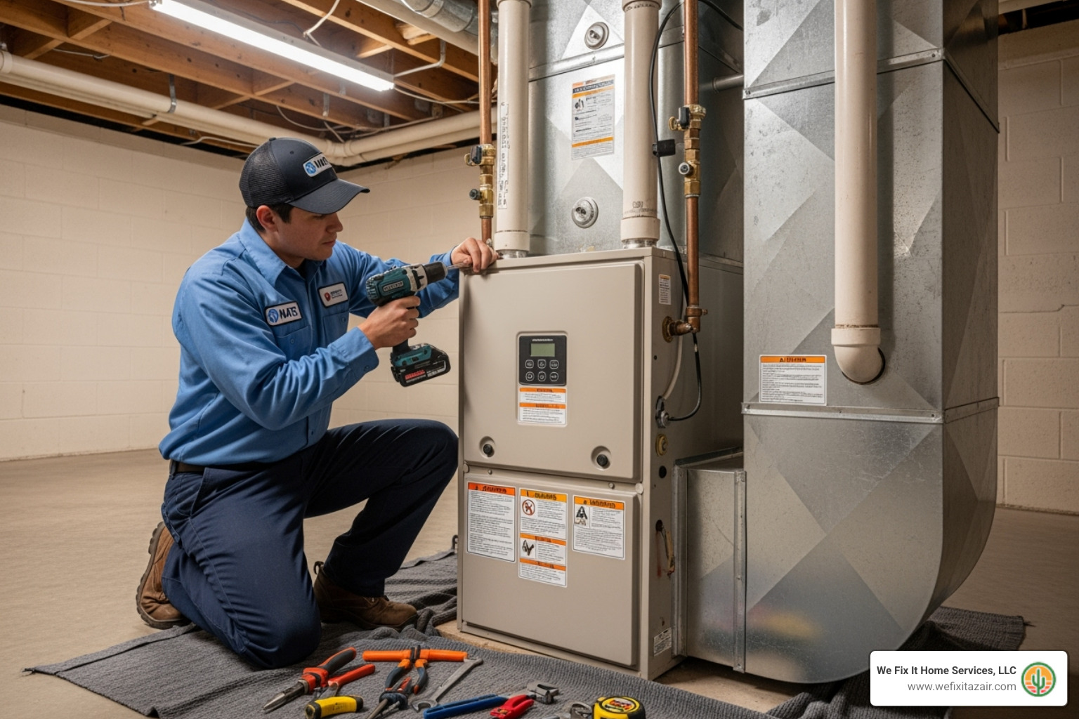 A NATE-certified technician neatly installing a new furnace unit - furnace installation mesa az